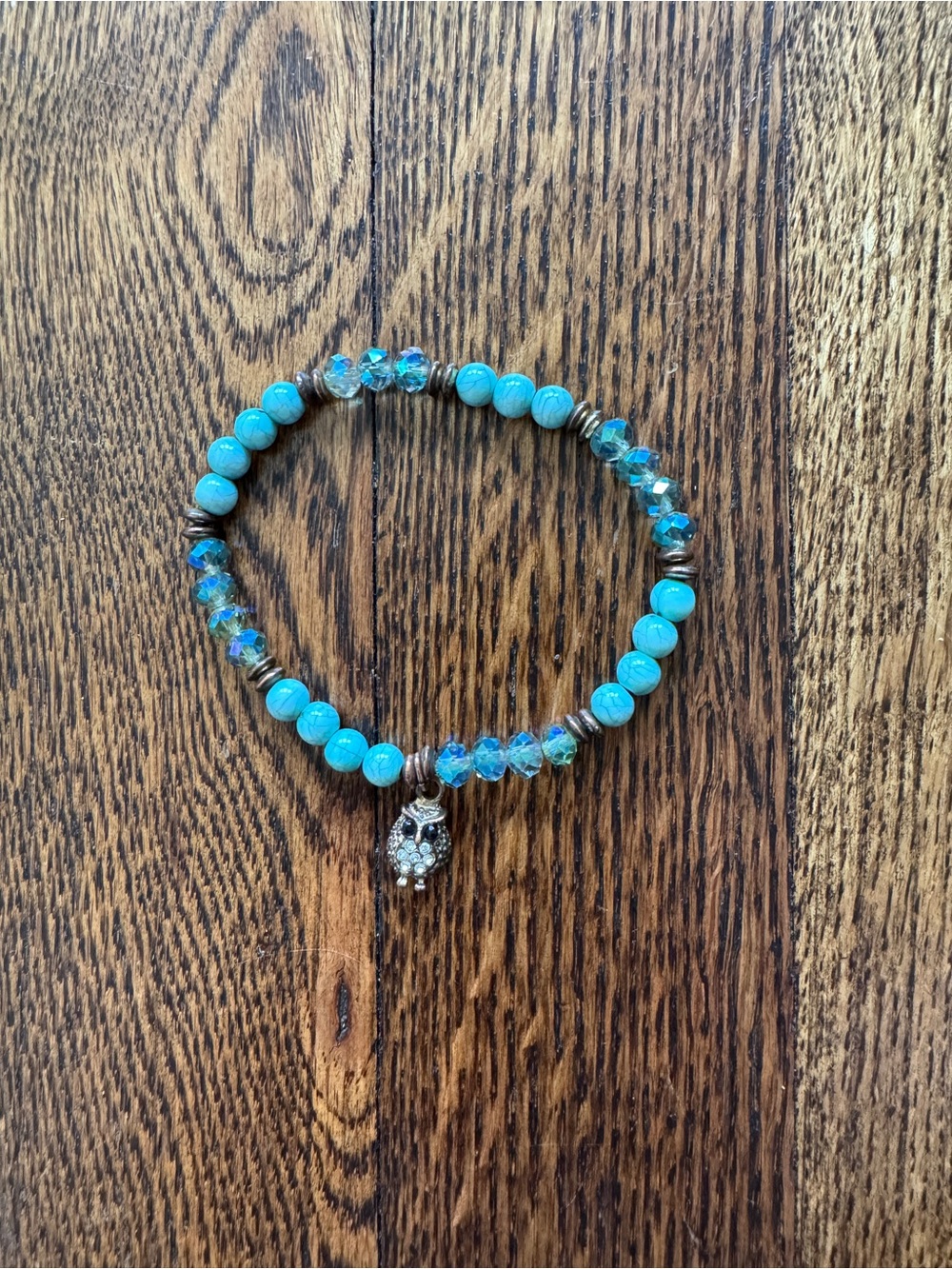Turquoise Beaded Stretch Bracelet with Crystal Accents and Owl Charm